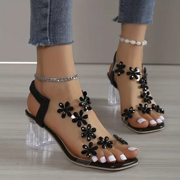 Rhinestone Square Buckle Embellished High Heel Sandals - Green main image 0